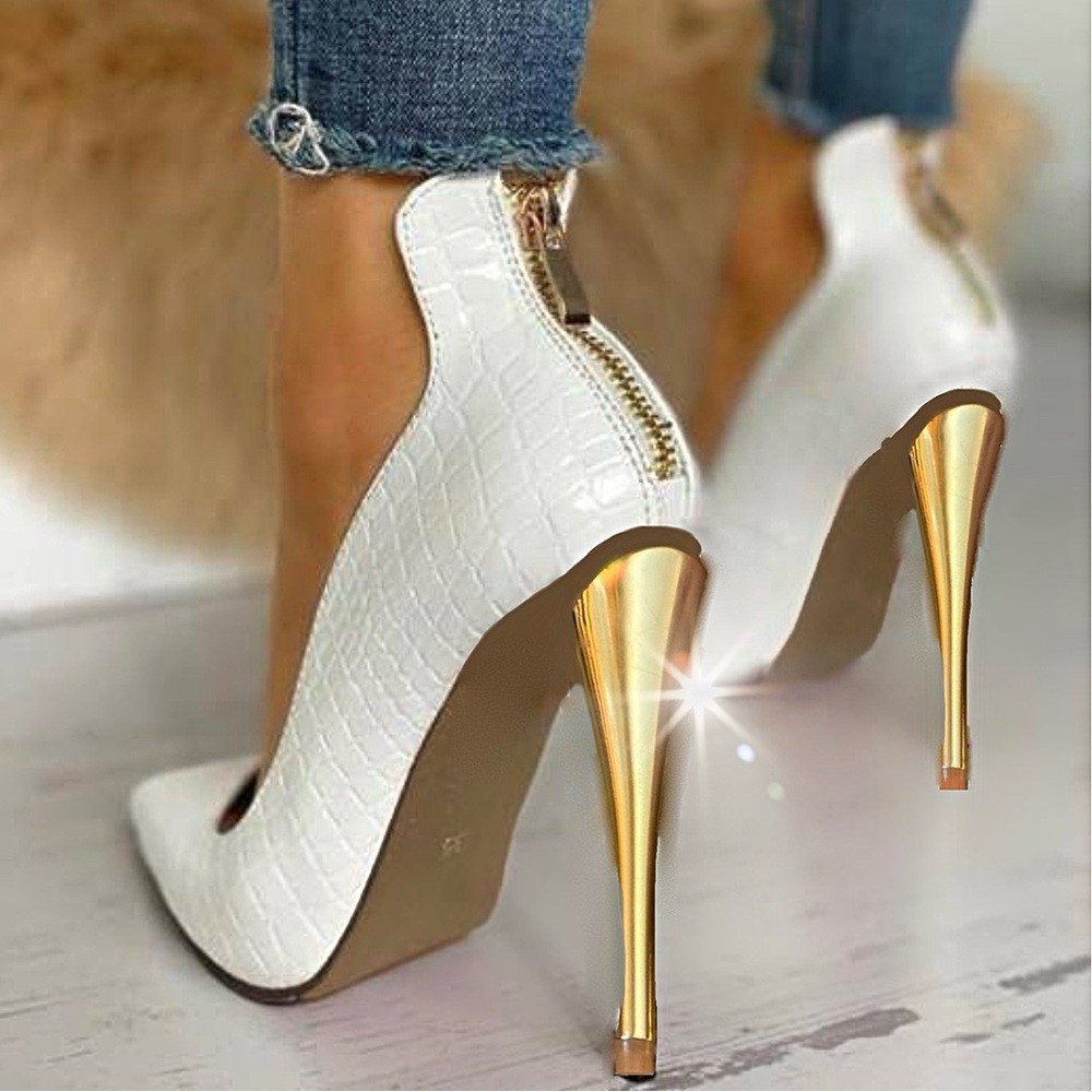 White Snake Embossed Pointed Toe Zipper Cone Heel Pumps